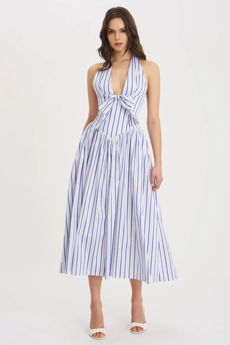 Navy Striped Halter Maxi Dress
