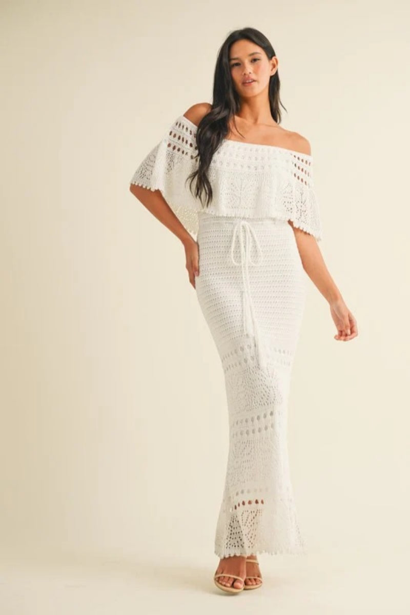 White Off The Shoulder Crochet Maxi Dress