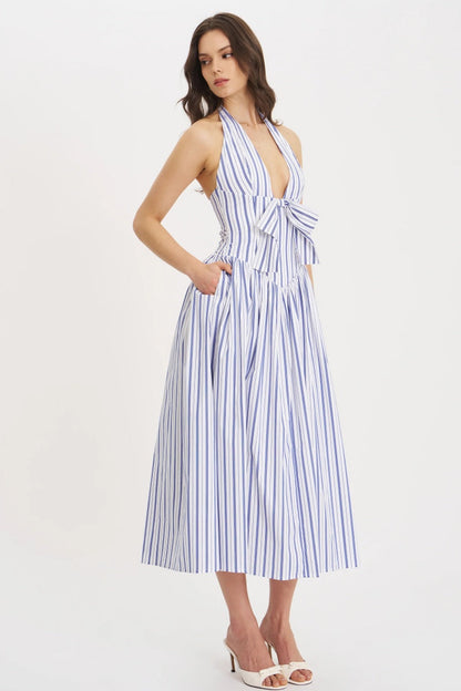 Navy Striped Halter Maxi Dress