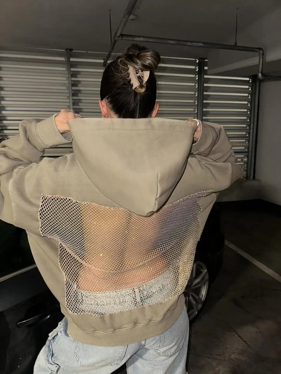 Backless Sheer Mesh Hoodie