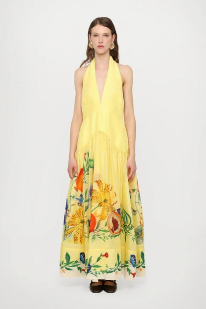 Yellow Printed Halterneck Maxi Dress