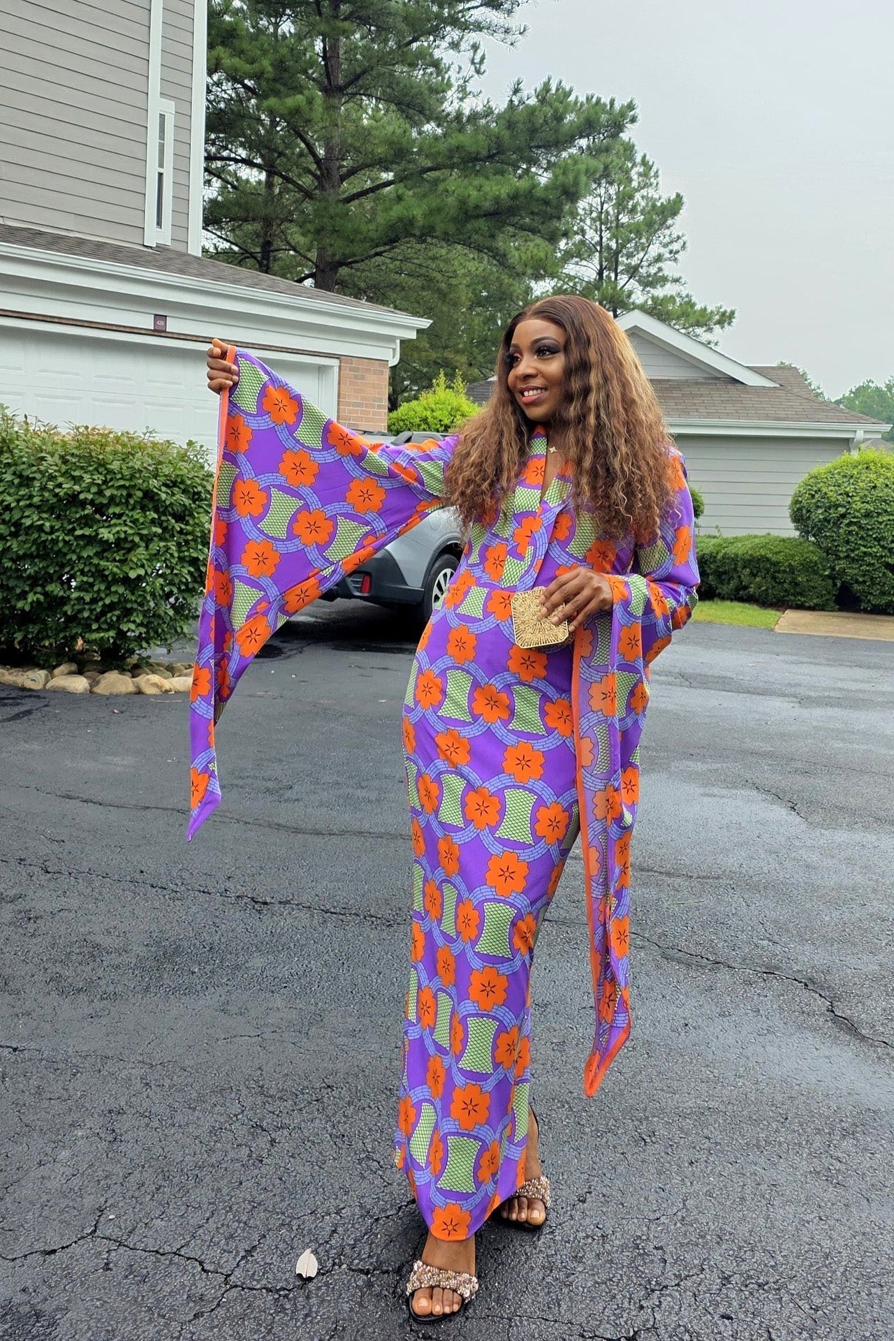 Vibrant Ankara Bell-Sleeve Fitted Maxi Dress