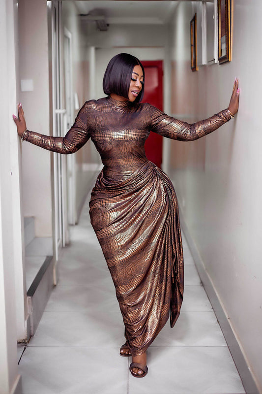 Liquid Bronze Asymmetric Tail Maxi Dress