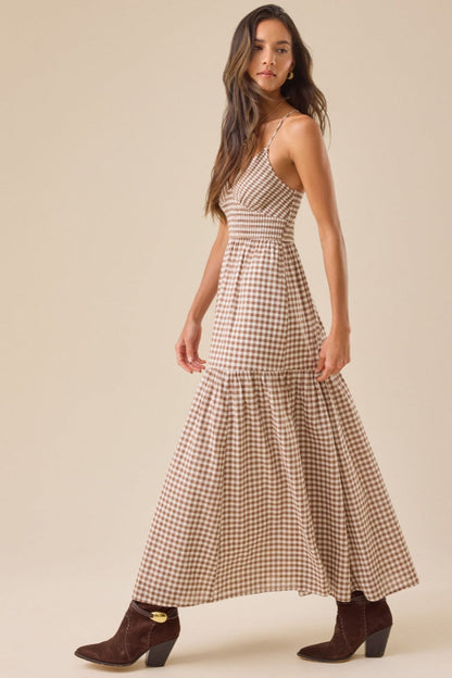 Plaid Pleated Layered Maxi Dress