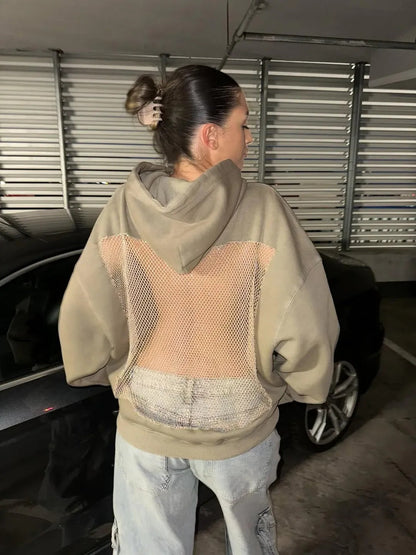 Backless Sheer Mesh Hoodie