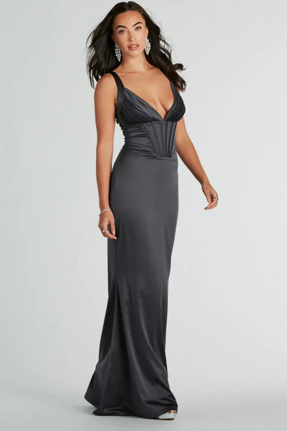 Formal V-Neck Corset Mermaid Satin Maxi Dress