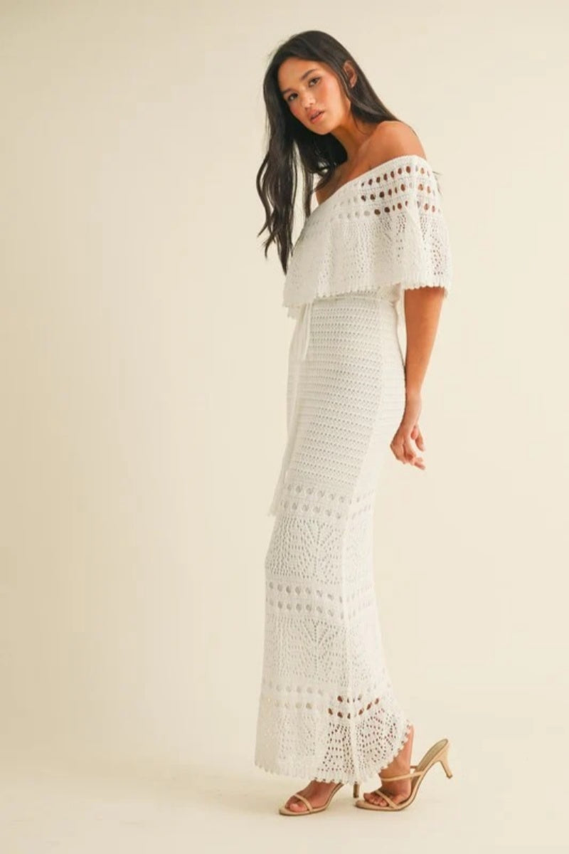 White Off The Shoulder Crochet Maxi Dress
