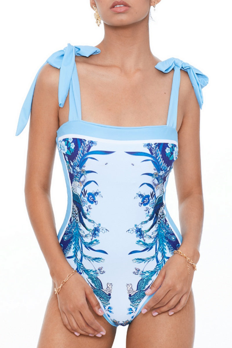 Flaxmaker Blue Reversible Bow Tie Shoulder One-Piece Swimsuit Set