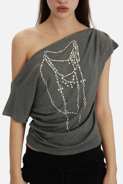 Off-shoulder Hotfix Rhinestones Tee