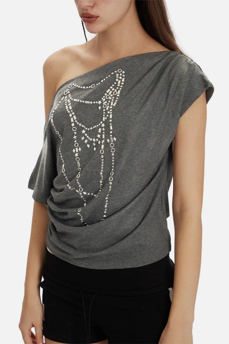 Off-shoulder Hotfix Rhinestones Tee