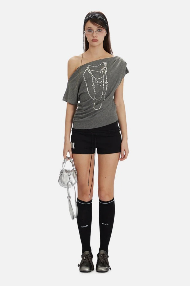 Off-shoulder Hotfix Rhinestones Tee