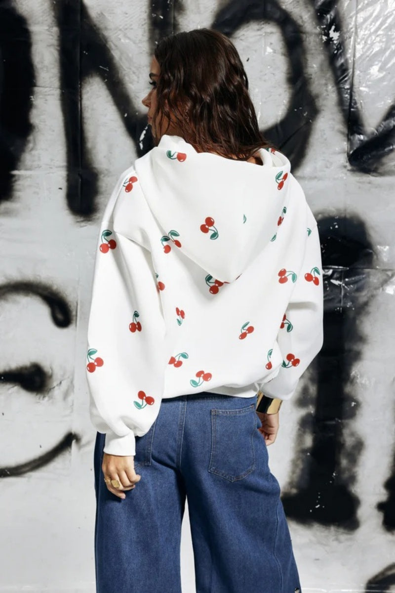 Hooded Cherry Print Long-Sleeved Jacket