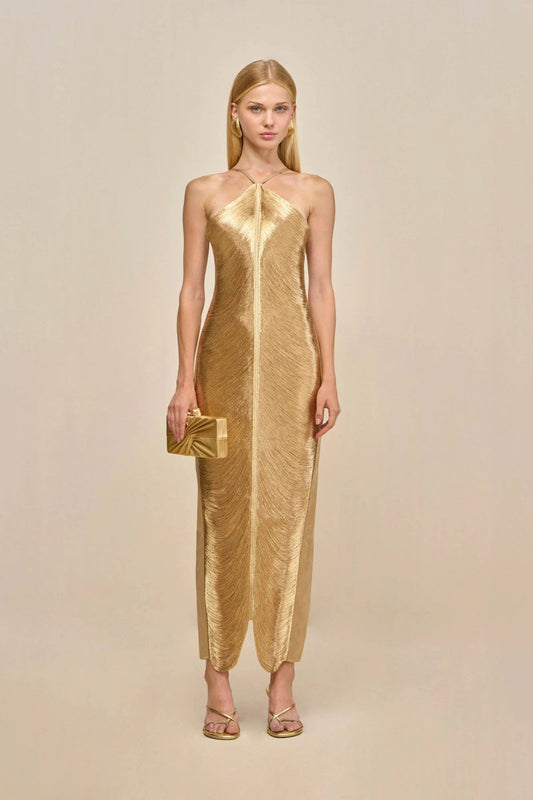 Tassel Back Slit Halterneck Midi Dress