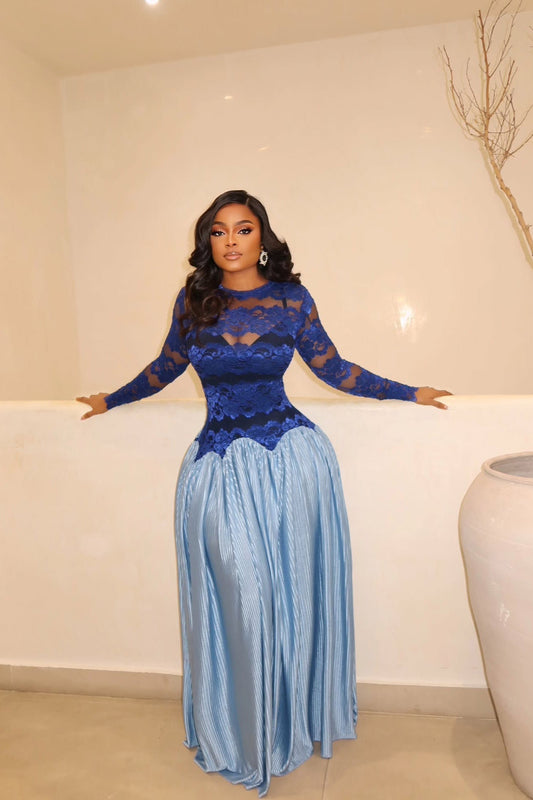 Ocean Blue Pleated Lace Maxi Dress