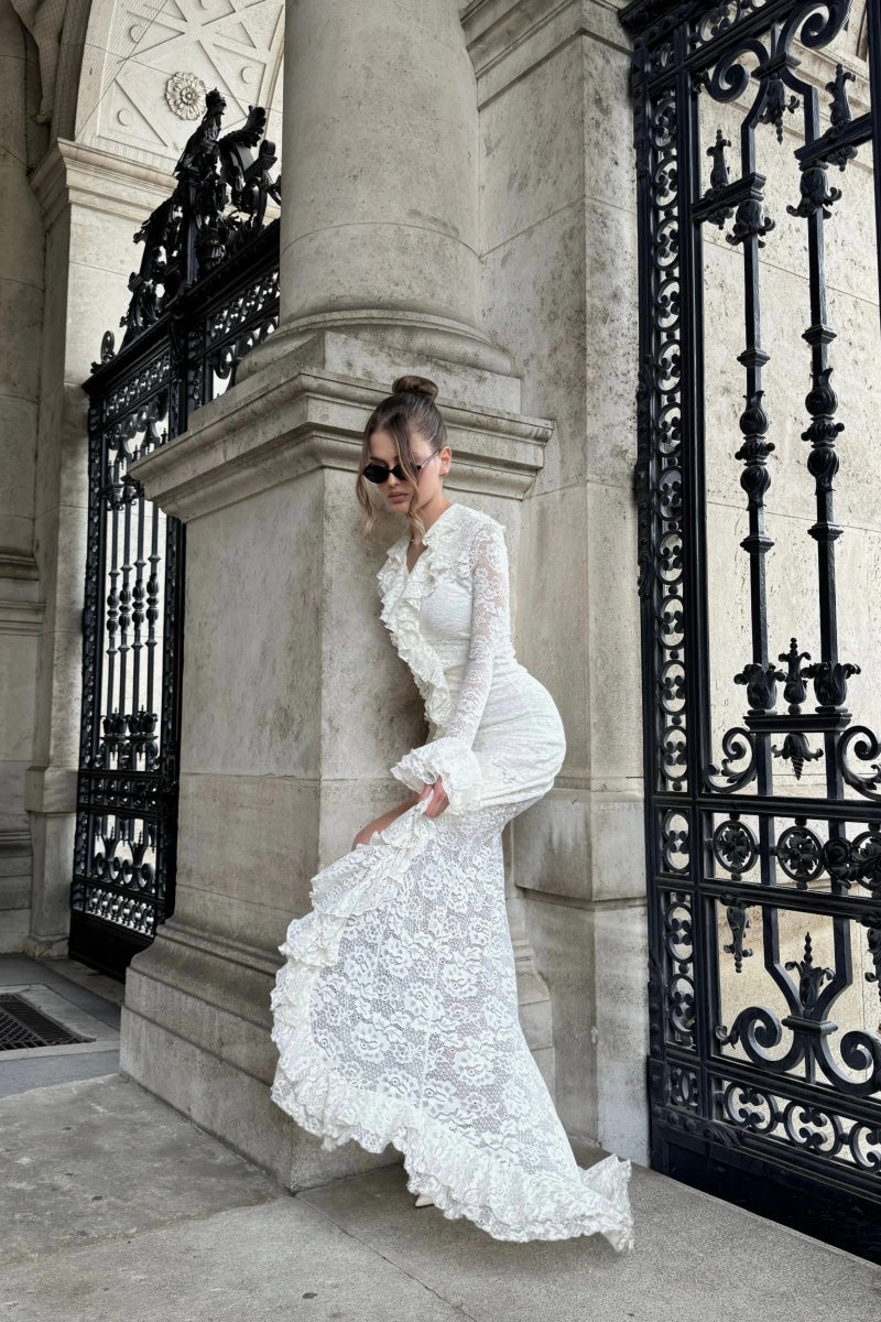 Lace-Paneled High-Waisted Slim-Fit Irregular Maxi Dress