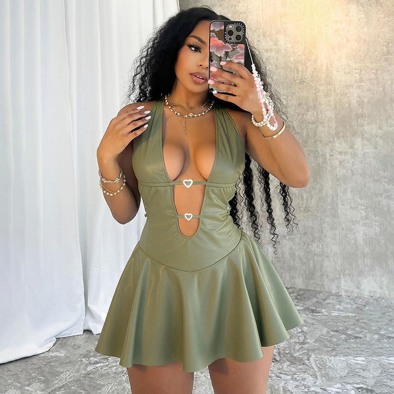 Faux Leather Halter Backless Dress