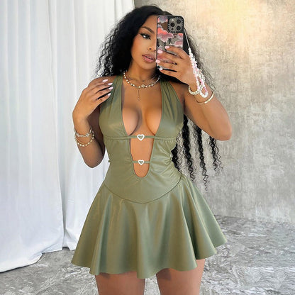 Faux Leather Halter Backless Dress