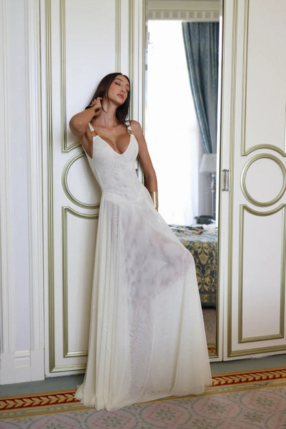 Deep V-Neck Semi-Sheer Mesh Maxi Dress