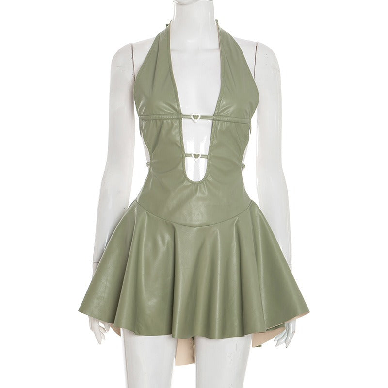 Faux Leather Halter Backless Dress