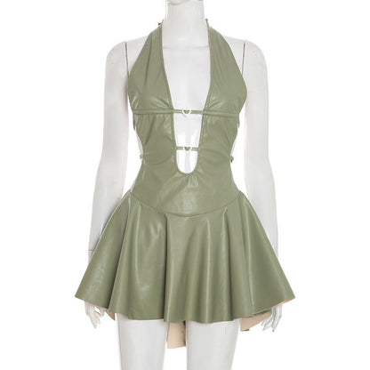 Faux Leather Halter Backless Dress
