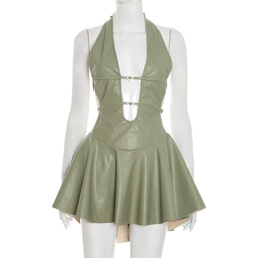 Faux Leather Halter Backless Dress