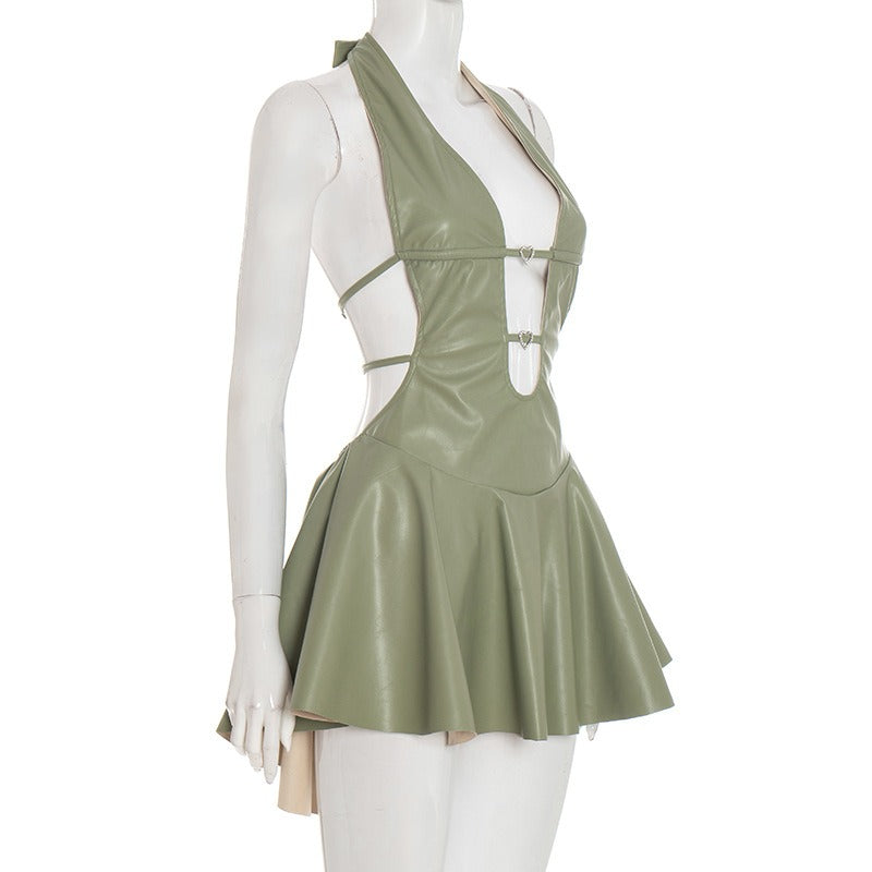 Faux Leather Halter Backless Dress