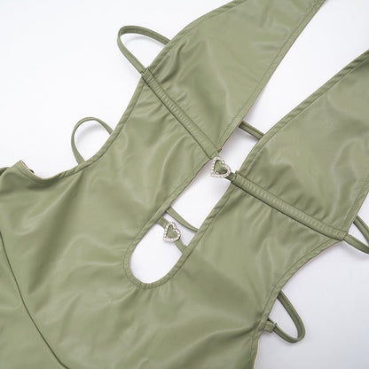 Faux Leather Halter Backless Dress