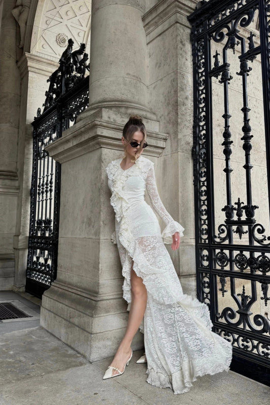 Lace-Paneled High-Waisted Slim-Fit Irregular Maxi Dress