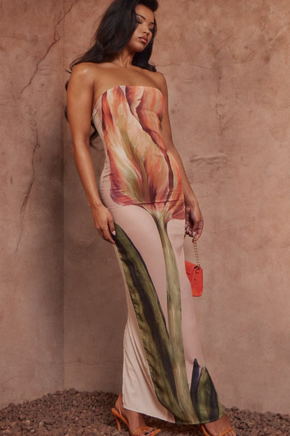 Floral Print Strapless Maxi Dress
