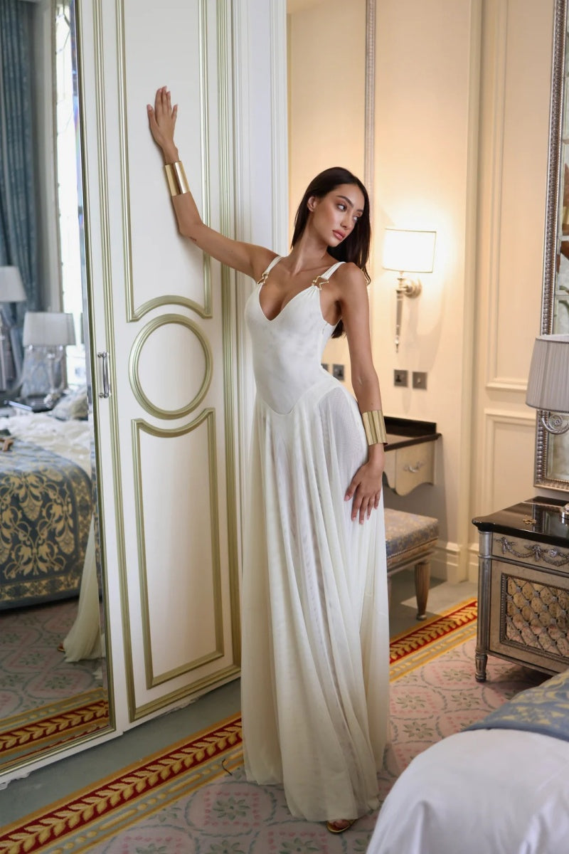 Deep V-Neck Semi-Sheer Mesh Maxi Dress