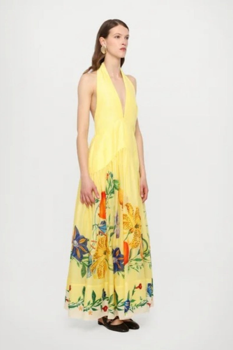 Yellow Printed Halterneck Maxi Dress