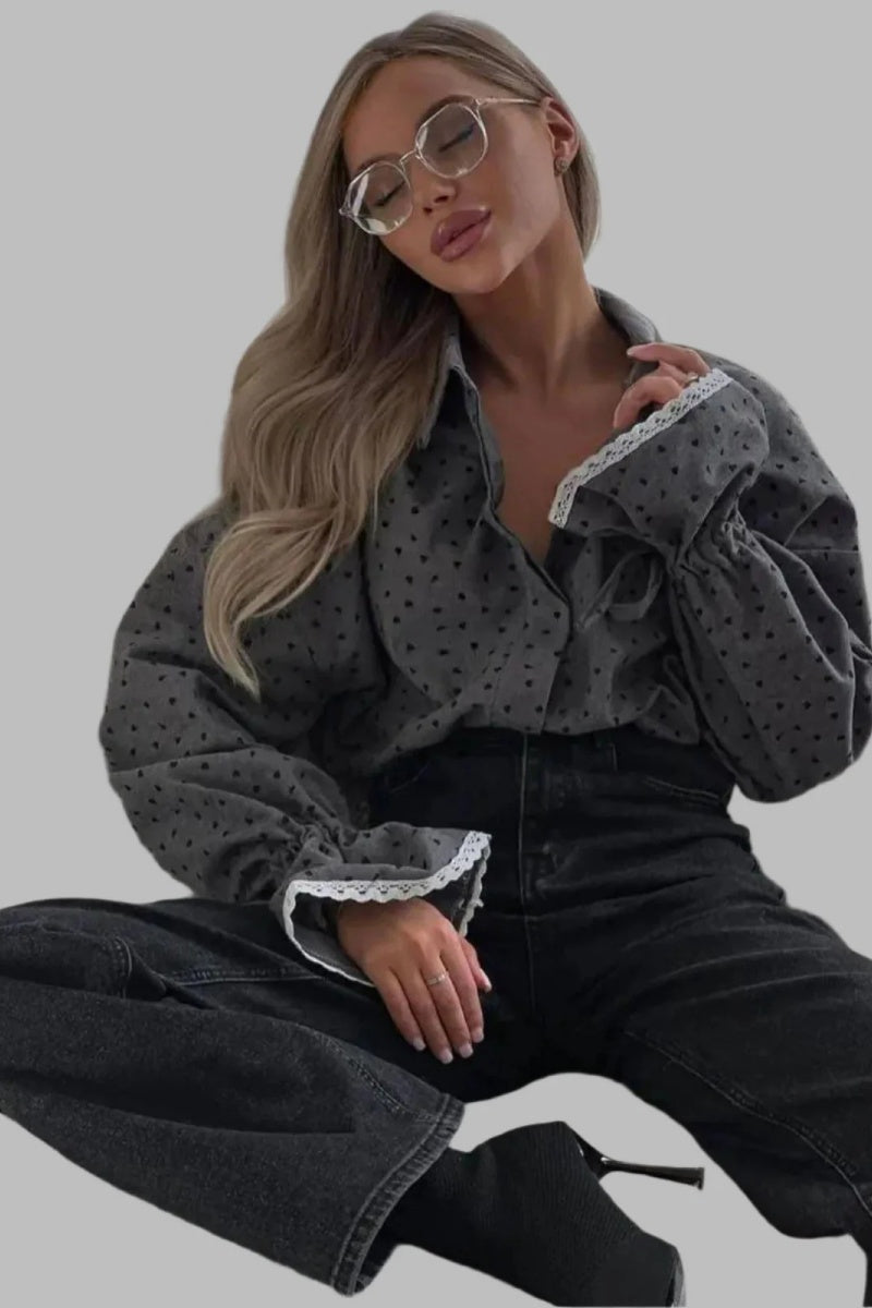 Love Lace Patchwork Ruffled Lapel Shirt