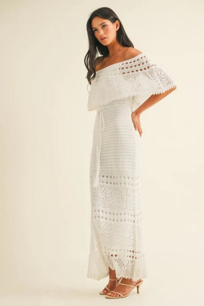 White Off The Shoulder Crochet Maxi Dress