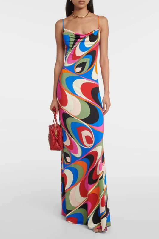 Multicolor Abstract Print Maxi Dress with Spaghetti Straps