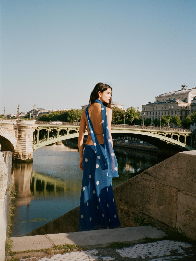 Polka Dot Draped Halter Midi Dress