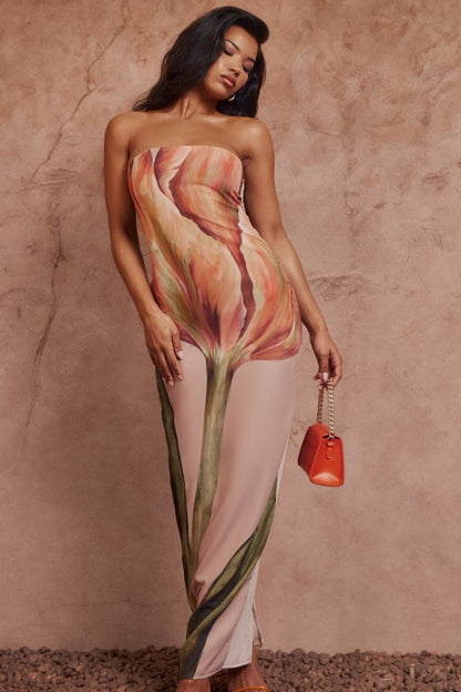 Floral Print Strapless Maxi Dress