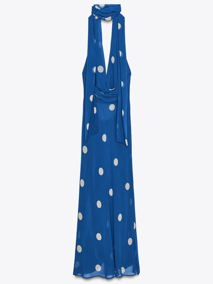 Polka Dot Draped Halter Midi Dress