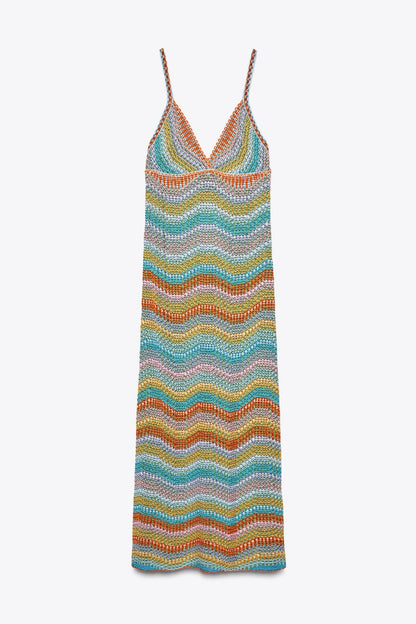 V Neck Rainbow Striped Crochet Knit Maxi Dress