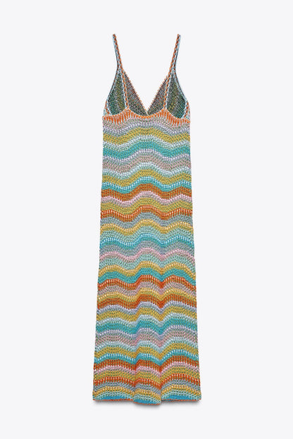 V Neck Rainbow Striped Crochet Knit Maxi Dress
