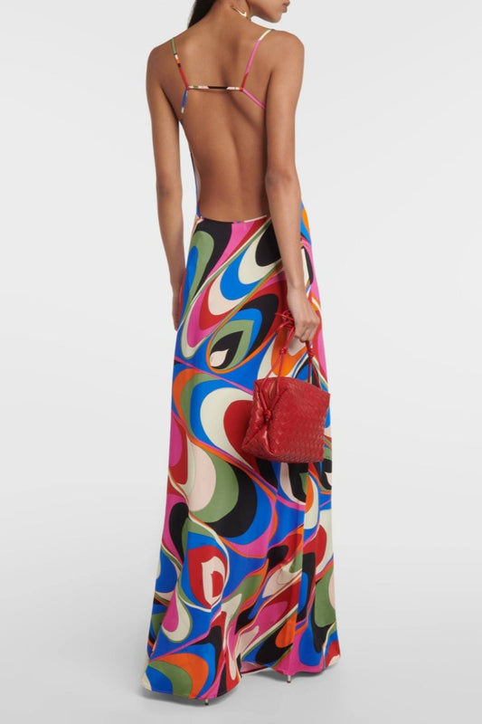 Multicolor Abstract Print Maxi Dress with Spaghetti Straps