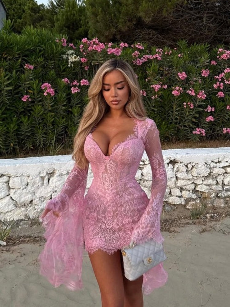 Whispers of Blush Lace Bell-Sleeve Mini Dress