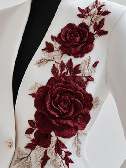 Chic White Blazer with Red Rose Embroidery