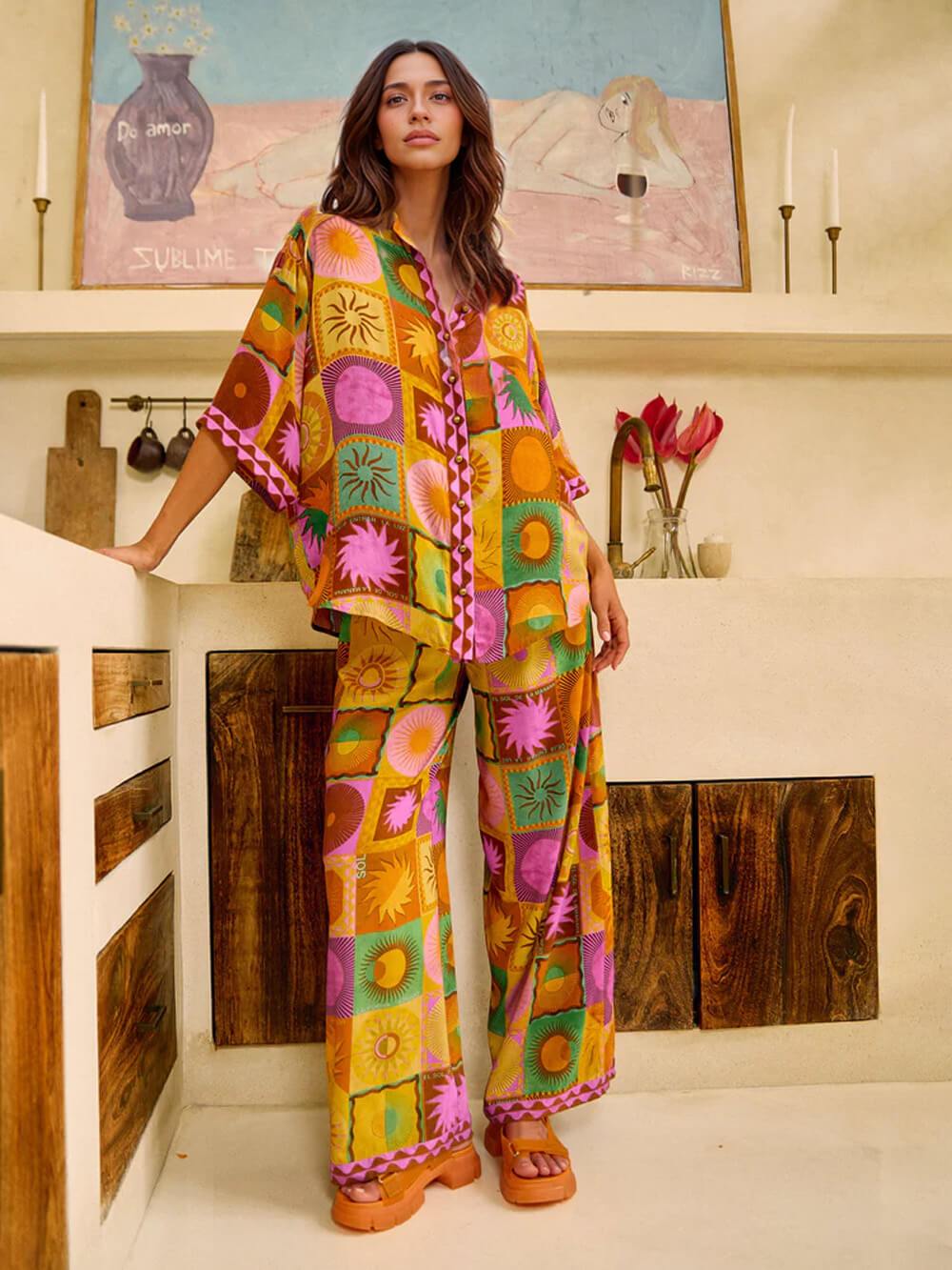 Unique Sun Pattern Print Loose Shirt