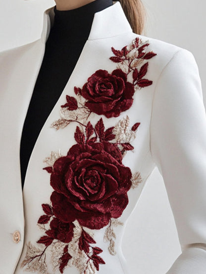 Chic White Blazer with Red Rose Embroidery
