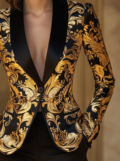 Opulent Black and Gold Blazer with Baroque Floral Printed