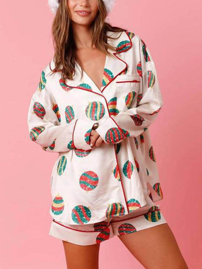 Christmas Satin Print Home Wear Pajamas Set