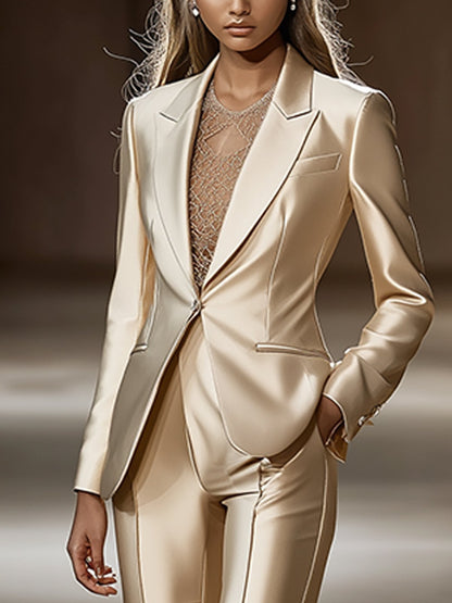 24-Hour-Shipping Chic Beige Satin Blazer