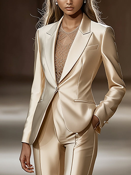 24-Hour-Shipping Chic Beige Satin Blazer
