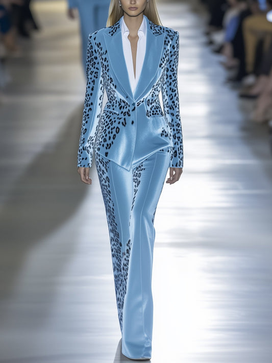 24-Hour-Shipping Sky Blue Velvet Leopard Print Blazer And Pants Suit