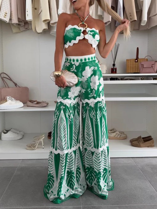 Casual Floral Print Tie Top Wide-leg Pants Two-piece Set